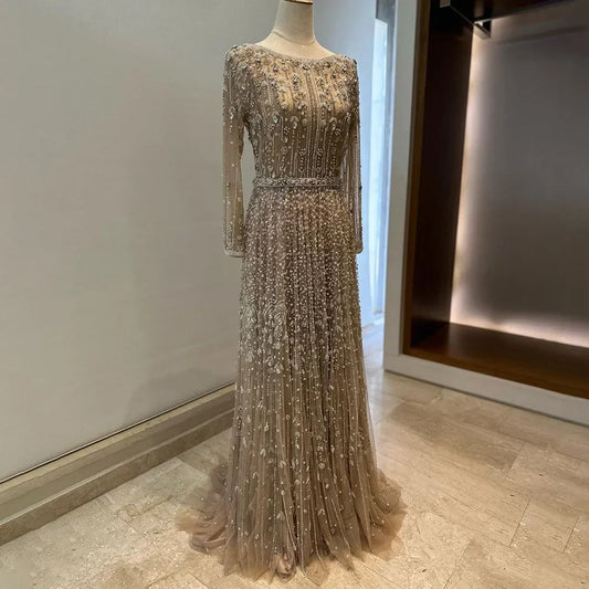 Luxury Nude A Line Beaded Evening Dresses Gowns For Women Wedding Party  LA72088