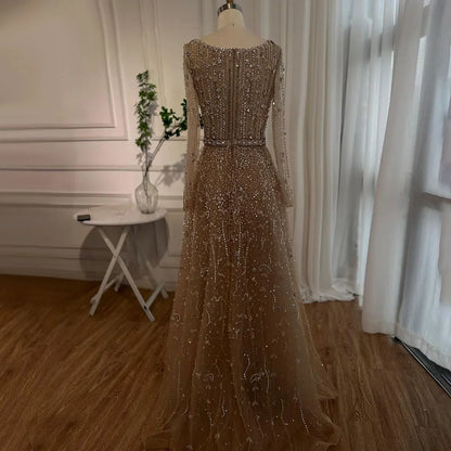 Luxury Nude A Line Beaded Evening Dresses Gowns For Women Wedding Party  LA72088
