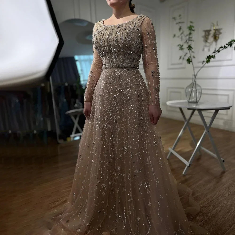Luxury Nude A Line Beaded Evening Dresses Gowns For Women Wedding Party  LA72088