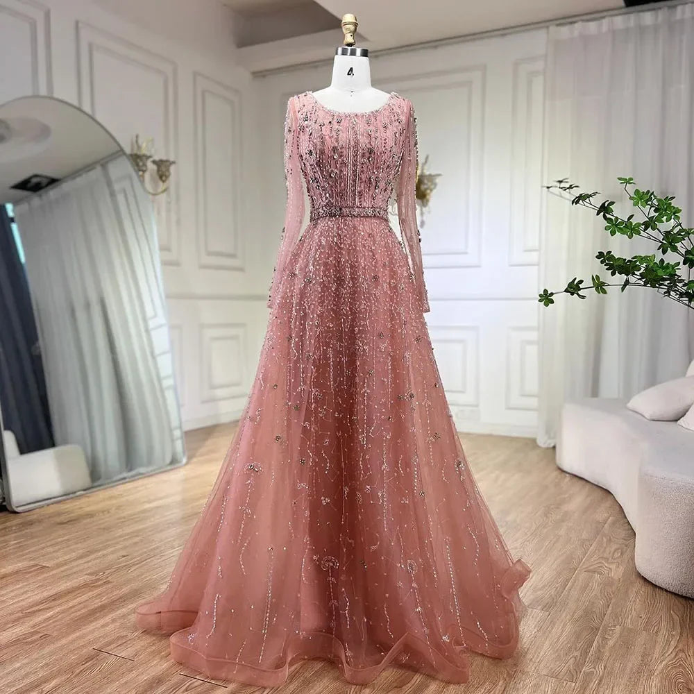 Luxury Nude A Line Beaded Evening Dresses Gowns For Women Wedding Party  LA72088