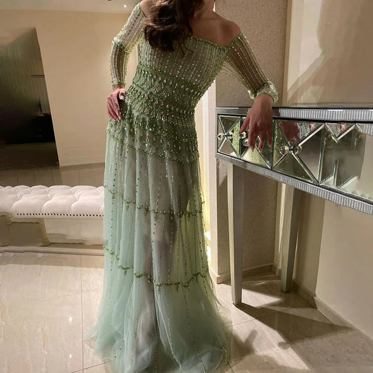 Luxury Sage Green Beaded Mermaid Evening Dress LA72350