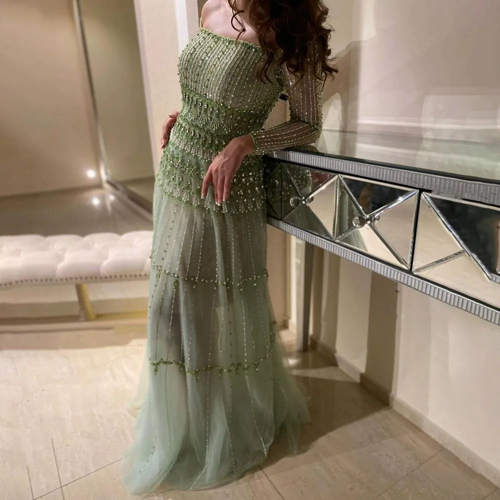 Luxury Sage Green Beaded Mermaid Evening Dress LA72350