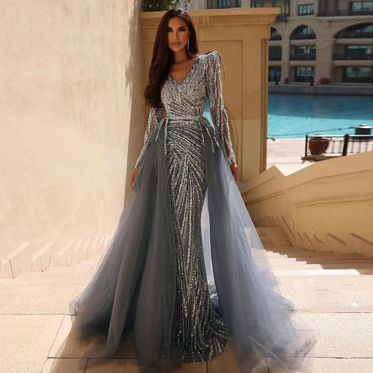 Modest Beaded Luxury Evening Dresses with Detachable Skirt LA71750