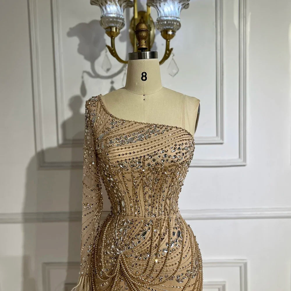 Luxury Nude One Shoulder Beaded Feather Mermaid Evening Dress LA72353