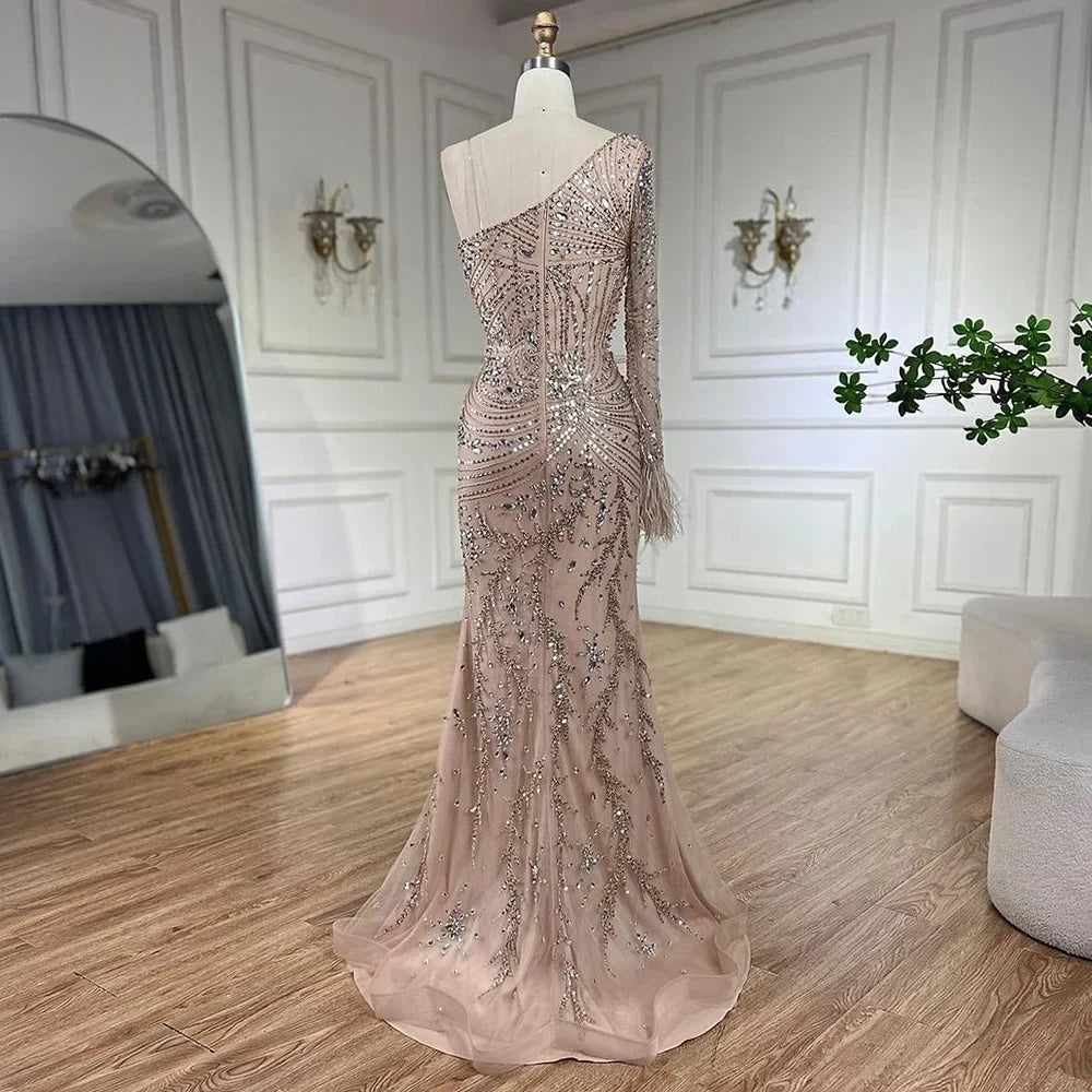 Luxury Nude One Shoulder Beaded Feather Mermaid Evening Dress LA72353