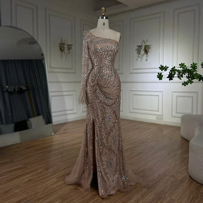Luxury Nude One Shoulder Beaded Feather Mermaid Evening Dress LA72353