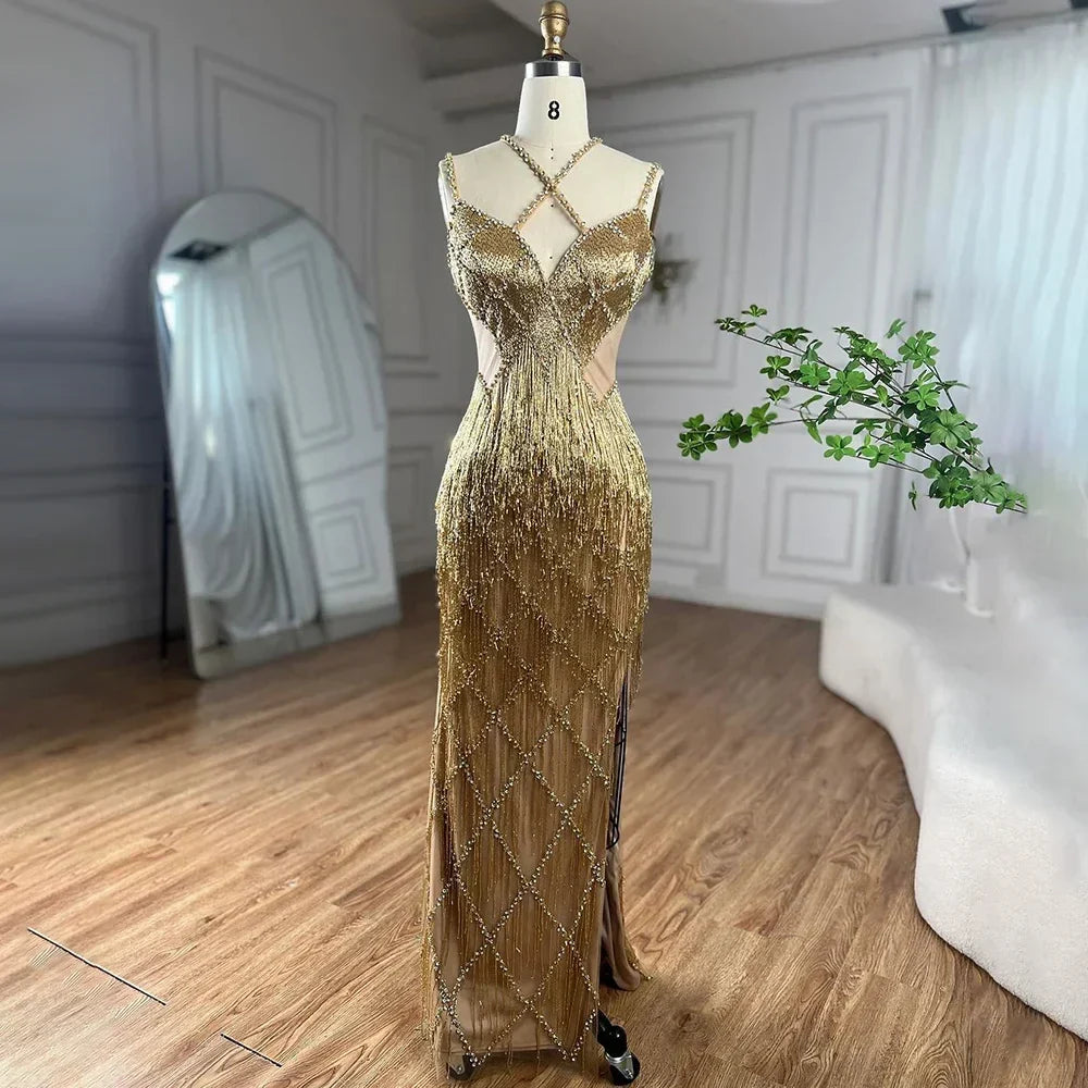 Luxury Gold Luxury Beaded Tassel Spaghetti Strap Mermaid Dress LA72280