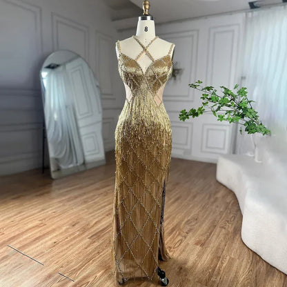 Luxury Gold Luxury Beaded Tassel Spaghetti Strap Mermaid Dress LA72280