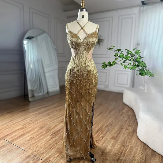 Luxury Gold Luxury Beaded Tassel Spaghetti Strap Mermaid Dress LA72280