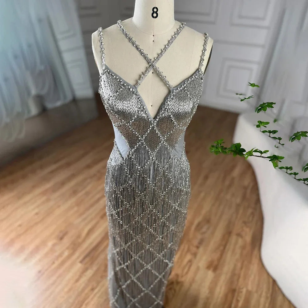 Luxury Gold Luxury Beaded Tassel Spaghetti Strap Mermaid Dress LA72280