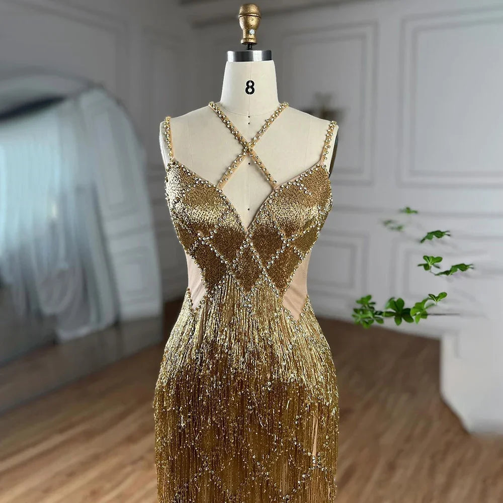 Luxury Gold Luxury Beaded Tassel Spaghetti Strap Mermaid Dress LA72280