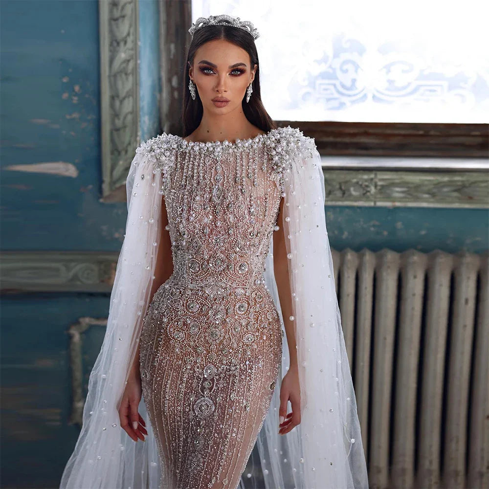 Luxury White Nude Mermaid Pearls Beaded Evening Dress with Cape Sleeves LA72444