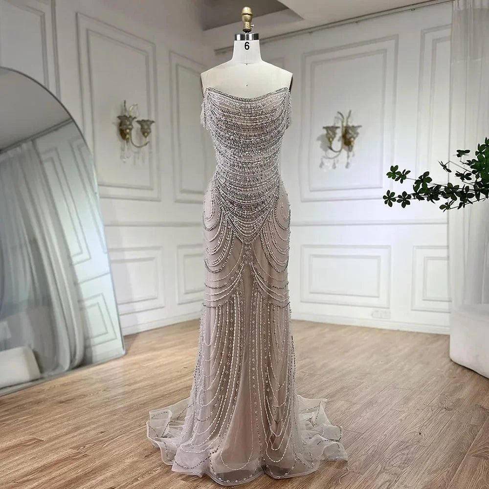 Luxury Crystal Silver Gray Mermaid Dubai Evening Dresses LA72253