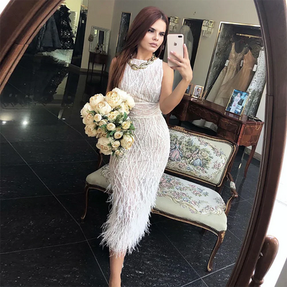 Elegant Arabic  Black & White Feather  Midi  Evening Dresses  LA72076
