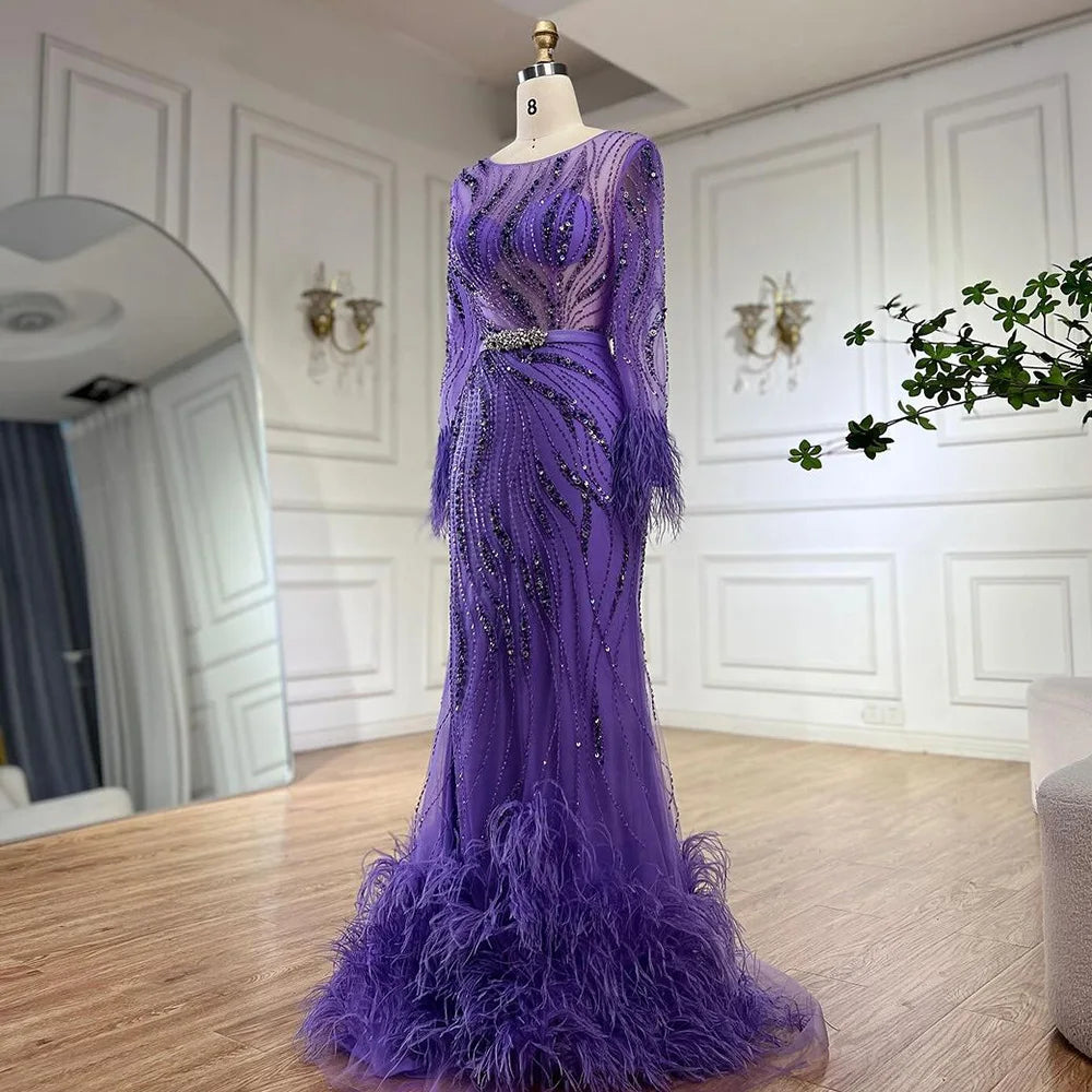 Serene Hill Elegant Mermaid Evening Dress Arabic Purple Beaded Feathers | Luxury Gown for Women's Wedding Party  LA72367