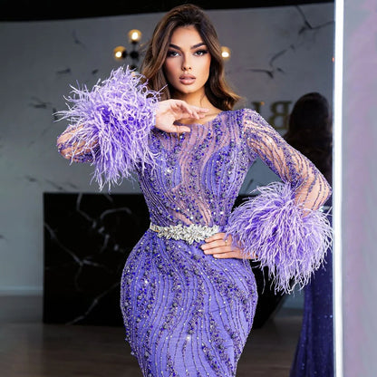 Serene Hill Elegant Mermaid Evening Dress Arabic Purple Beaded Feathers | Luxury Gown for Women's Wedding Party  LA72367