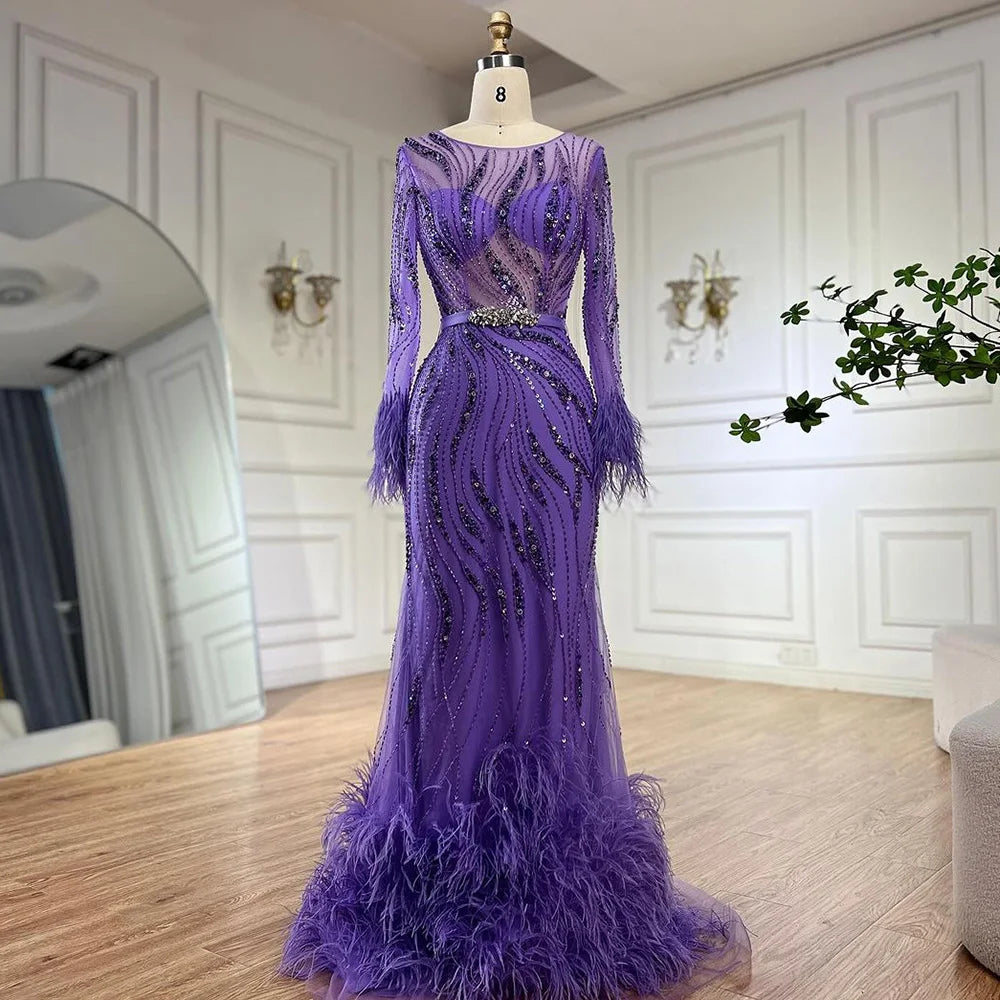 Serene Hill Elegant Mermaid Evening Dress Arabic Purple Beaded Feathers | Luxury Gown for Women's Wedding Party  LA72367