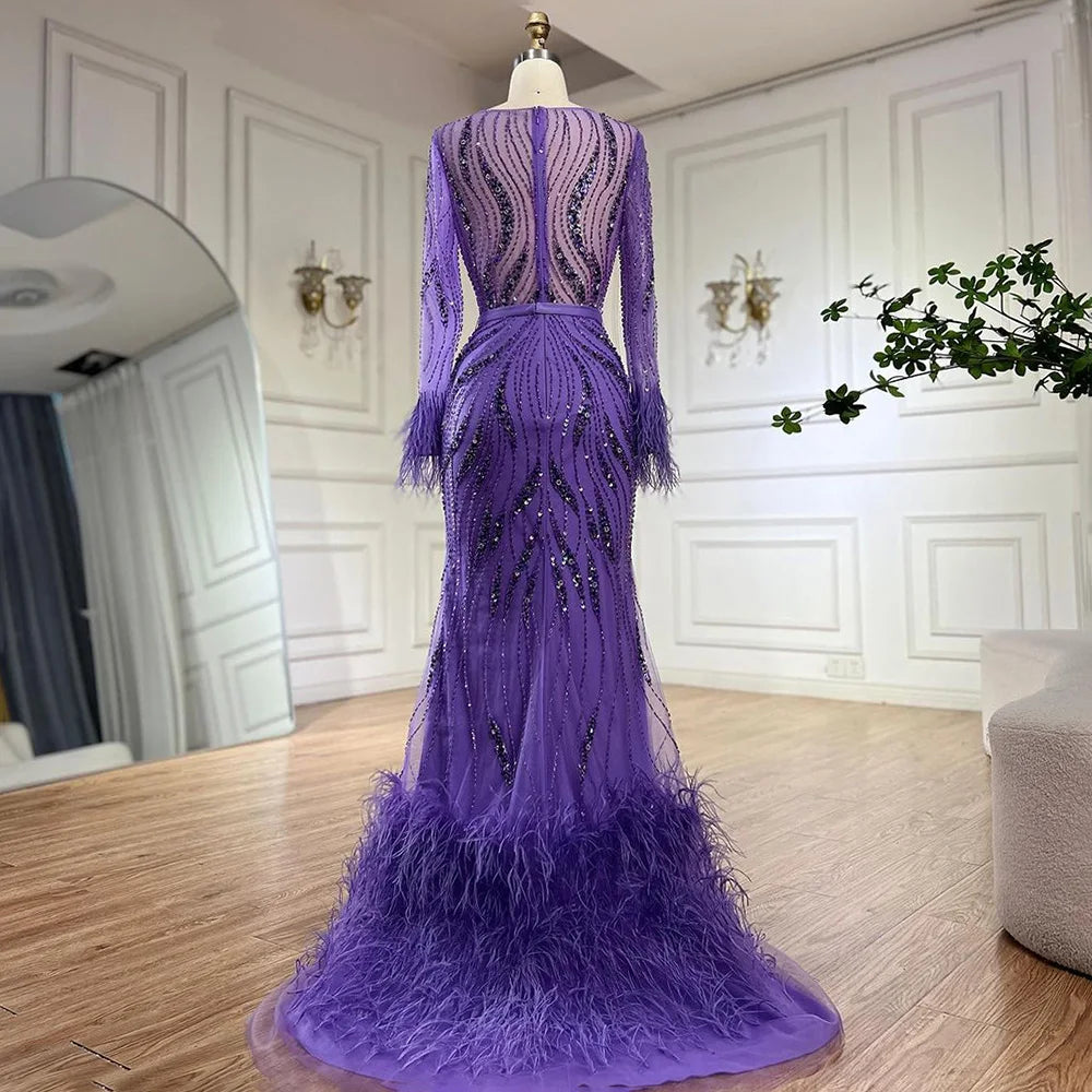 Serene Hill Elegant Mermaid Evening Dress Arabic Purple Beaded Feathers | Luxury Gown for Women's Wedding Party  LA72367