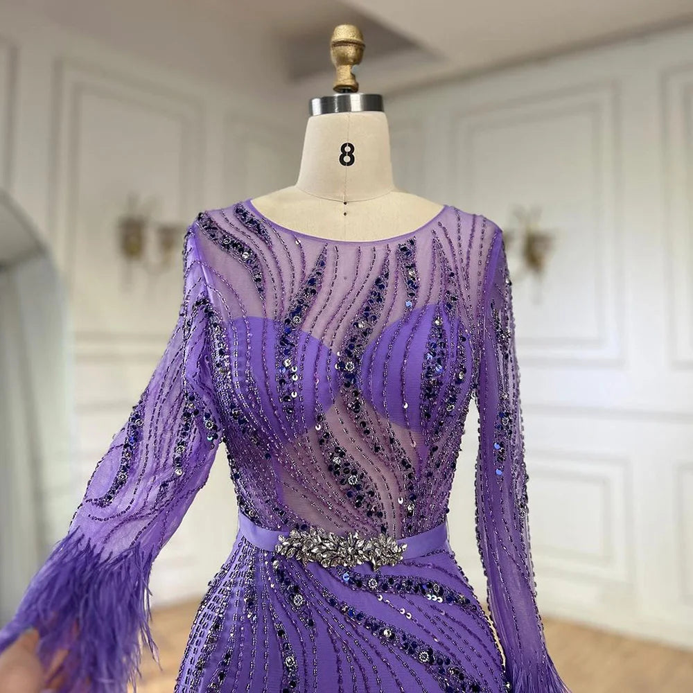Serene Hill Elegant Mermaid Evening Dress Arabic Purple Beaded Feathers | Luxury Gown for Women's Wedding Party  LA72367