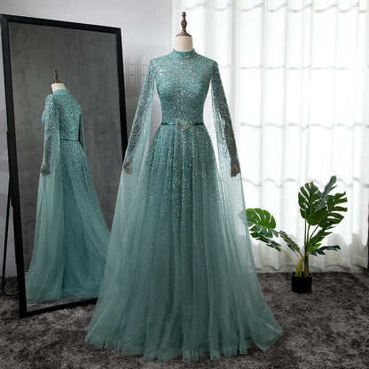 Luxury Blue A-Line High Neck Beaded Evening Dress with Cape Sleeves LA70066B