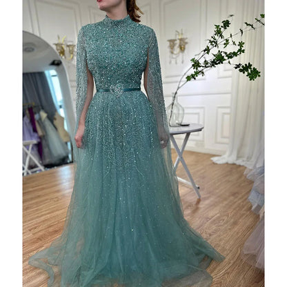 Luxury Blue A-Line High Neck Beaded Evening Dress with Cape Sleeves LA70066B