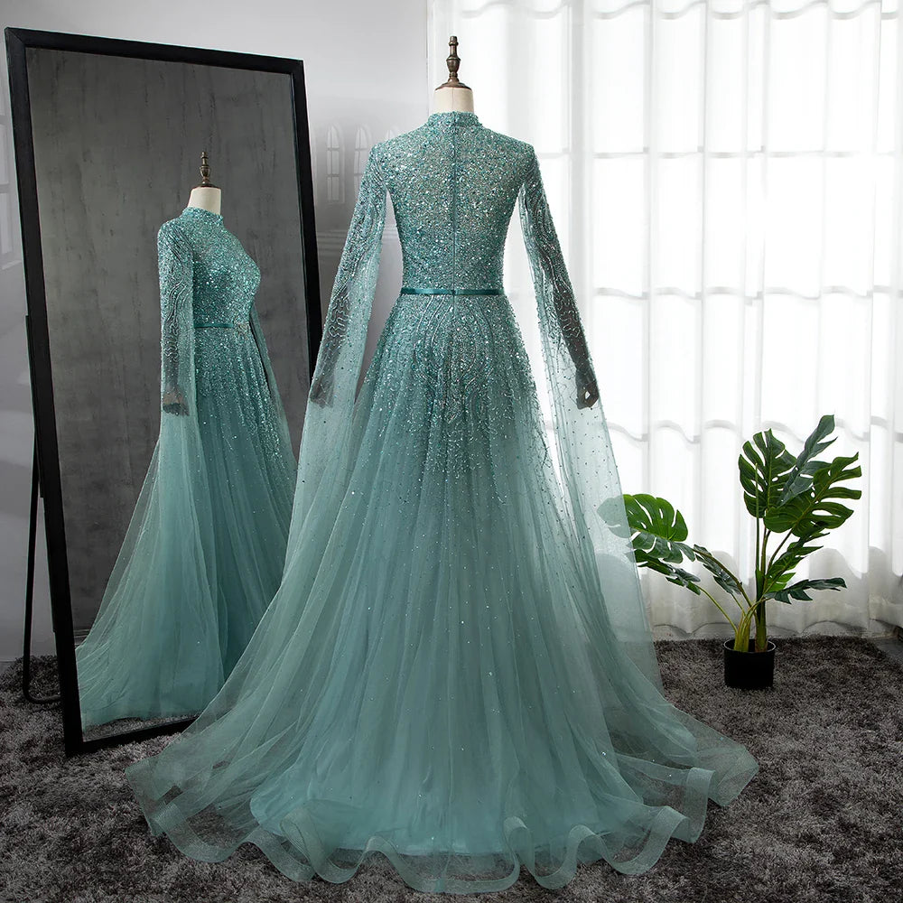 Luxury Blue A-Line High Neck Beaded Evening Dress with Cape Sleeves LA70066B