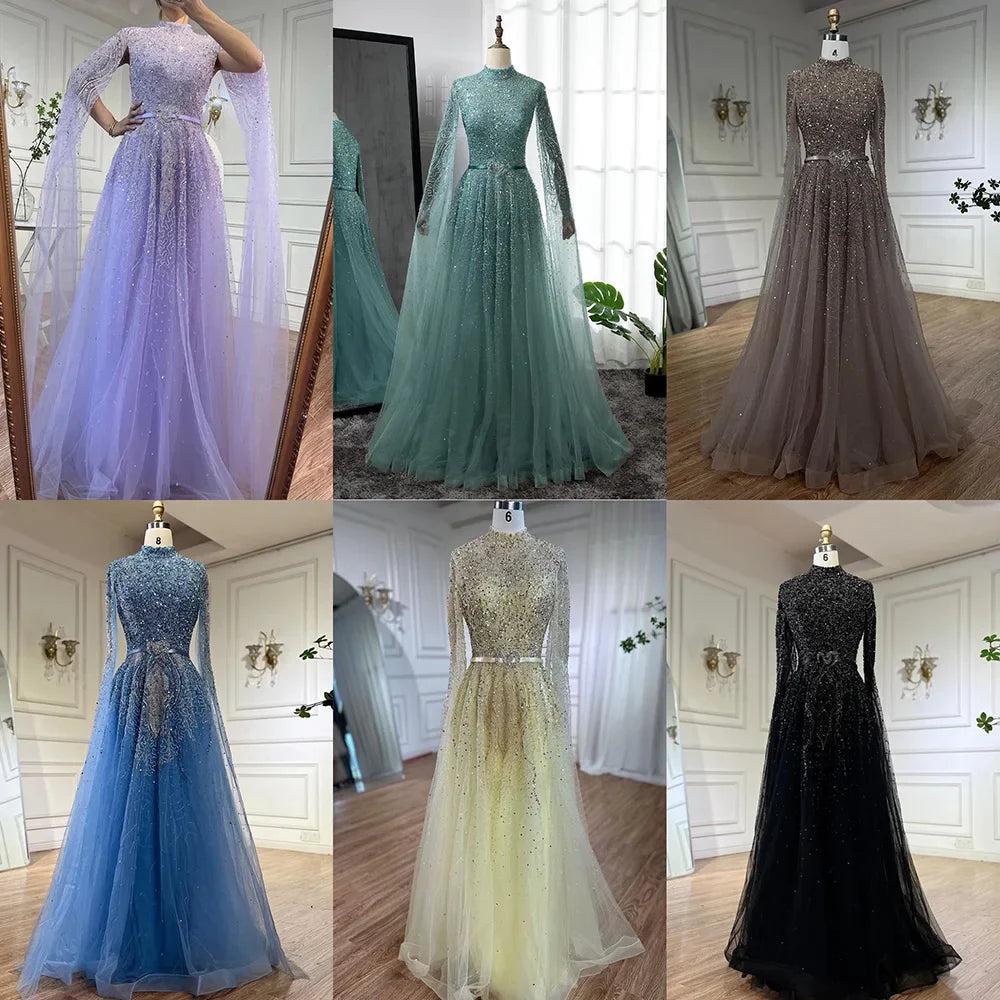 Luxury Blue A-Line High Neck Beaded Evening Dress with Cape Sleeves LA70066B