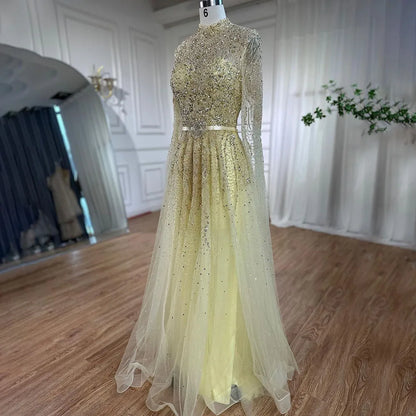Luxury Blue A-Line High Neck Beaded Evening Dress with Cape Sleeves LA70066B