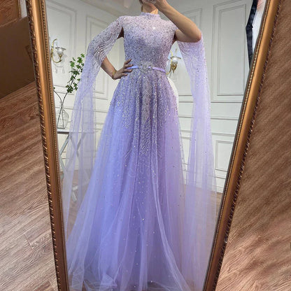 Luxury Blue A-Line High Neck Beaded Evening Dress with Cape Sleeves LA70066B