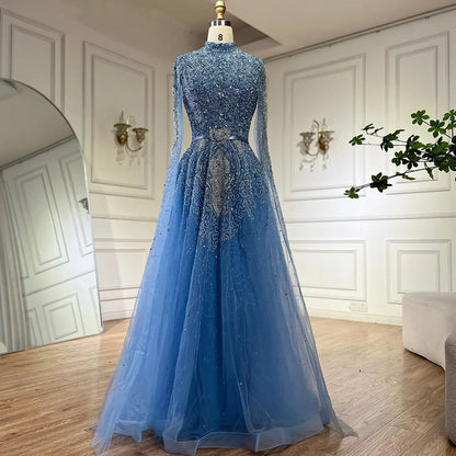 Luxury Blue A-Line High Neck Beaded Evening Dress with Cape Sleeves LA70066B