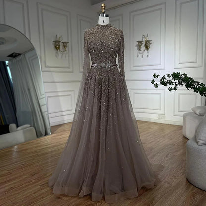 Luxury Blue A-Line High Neck Beaded Evening Dress with Cape Sleeves LA70066B