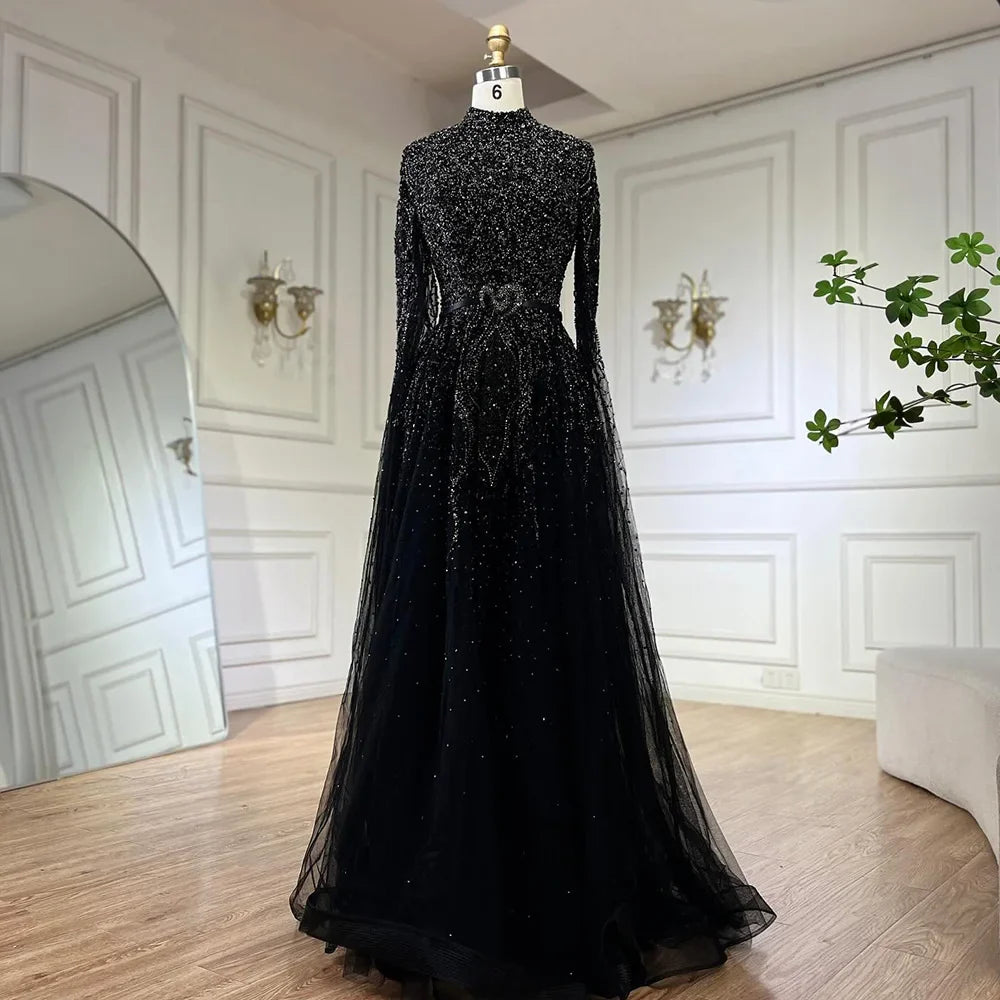 Luxury Blue A-Line High Neck Beaded Evening Dress with Cape Sleeves LA70066B