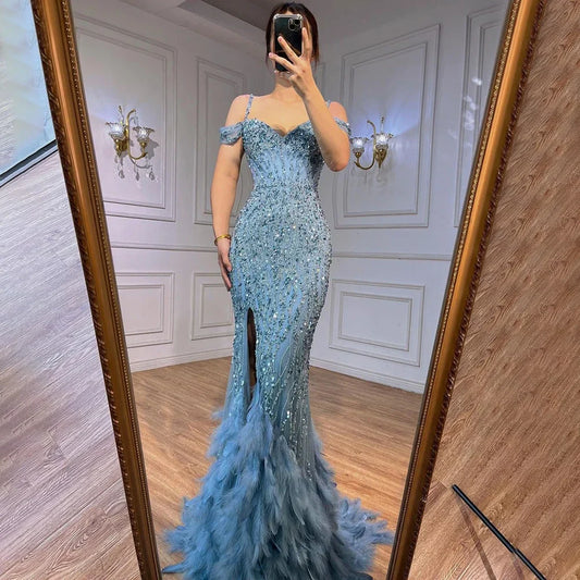 Green Mermaid Feathers Prom Dresses Wedding Evening Dress LA71650A