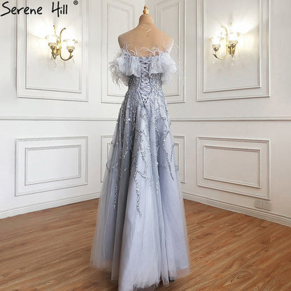 Luxury Turquoise Beaded Feather A Line Evening Dress LA71328