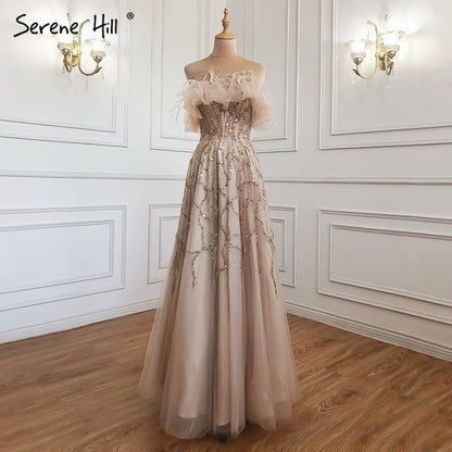 Luxury Turquoise Beaded Feather A Line Evening Dress LA71328