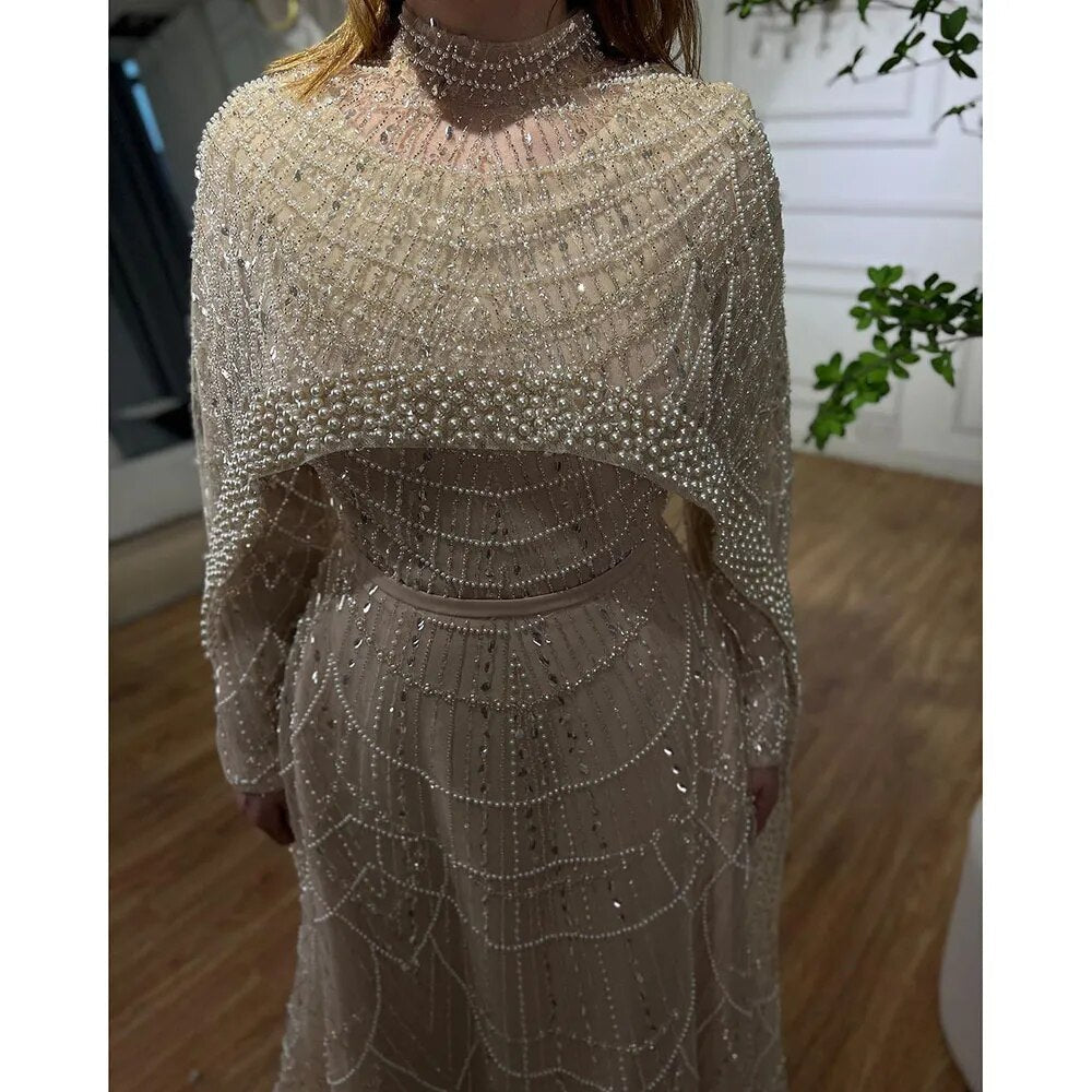 Luxury Modest Sage Green Evening Dress with Pearls LA72032B