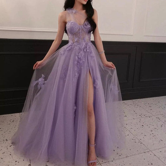 Lilac One Shoulder Floral Split Prom Dress Serene Hill LA71881