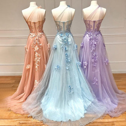 Lilac One Shoulder Floral Split Prom Dress Serene Hill LA71881