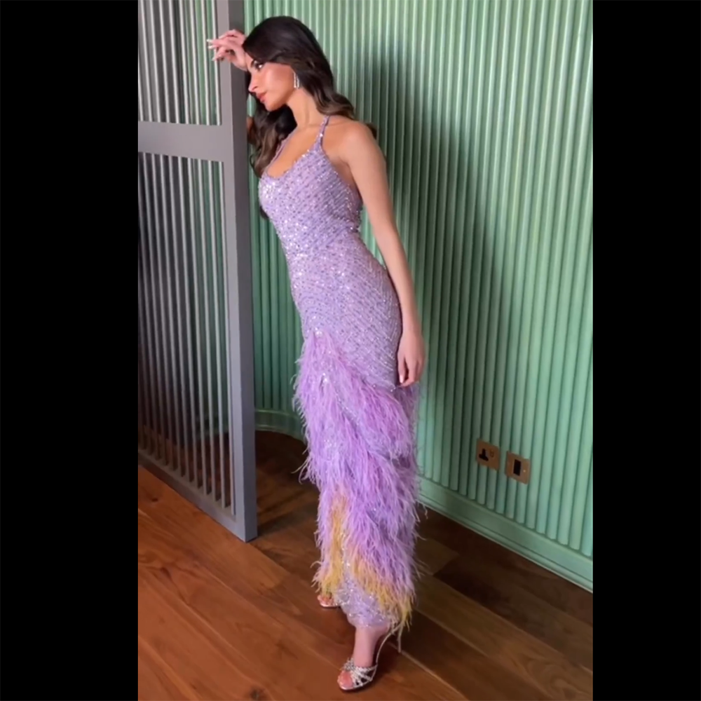Lilac Feather Halter Mermaid Luxury Dubai Evening Dress LA72056