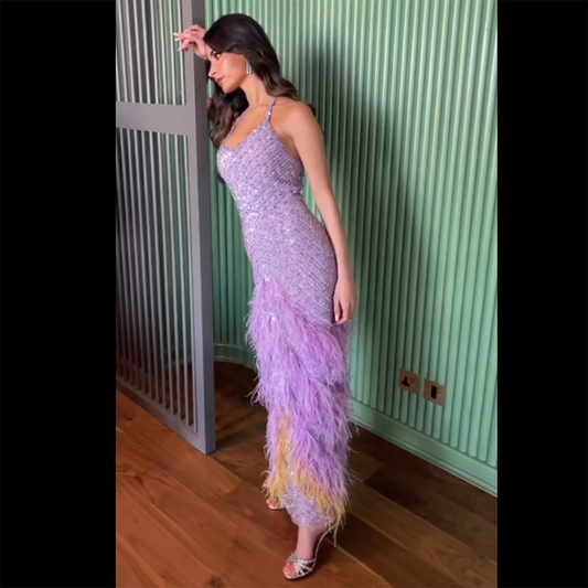 Lilac Feather Halter Mermaid Luxury Dubai Evening Dress LA72056