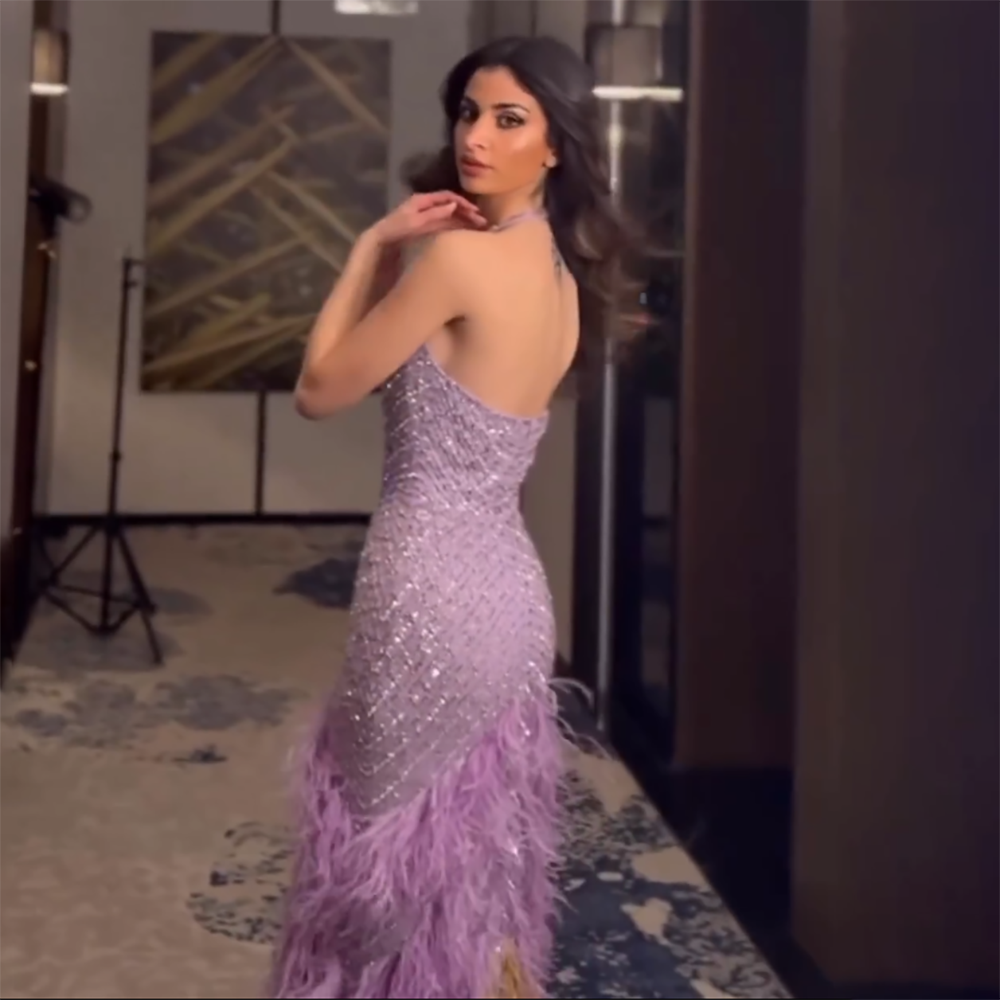 Lilac Feather Halter Mermaid Luxury Dubai Evening Dress LA72056