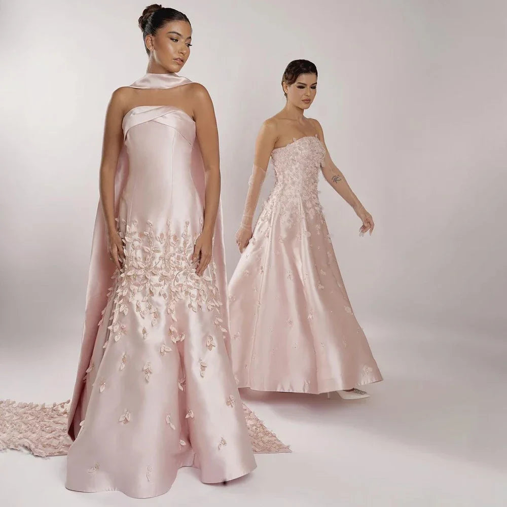 Luxury Dubai Luxury Peach  Satin Mermaid Evening Dress with Cape Saudi Arabic for Formal Occasion  LA72483A