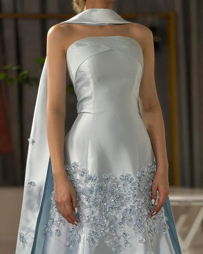 Luxury Dubai Luxury Peach  Satin Mermaid Evening Dress with Cape Saudi Arabic for Formal Occasion  LA72483A