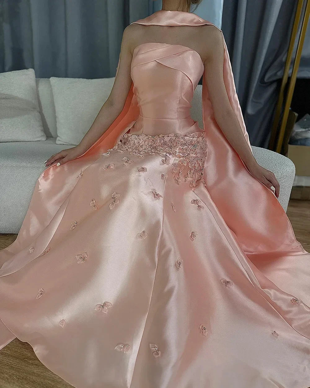 Luxury Dubai Luxury Peach  Satin Mermaid Evening Dress with Cape Saudi Arabic for Formal Occasion  LA72483A