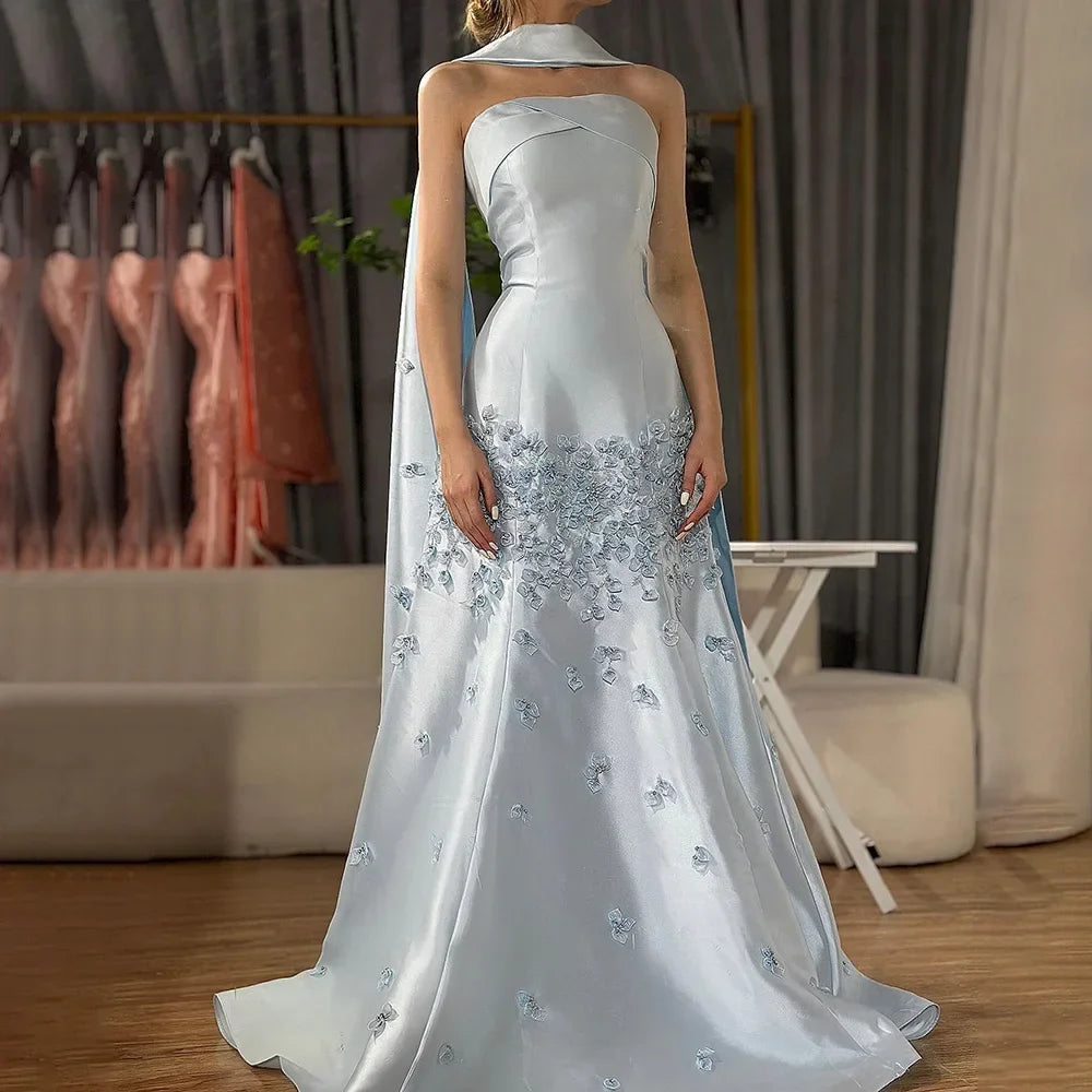 Luxury Dubai Luxury Peach  Satin Mermaid Evening Dress with Cape Saudi Arabic for Formal Occasion  LA72483A