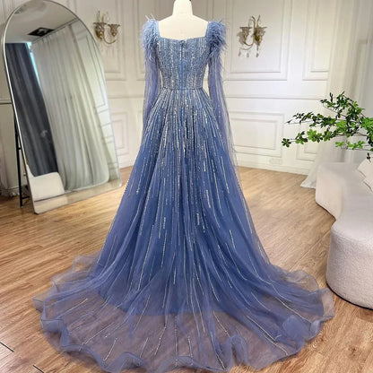 Blue Luxury Feathers Arabic Evening Dresses with Cape LA72236
