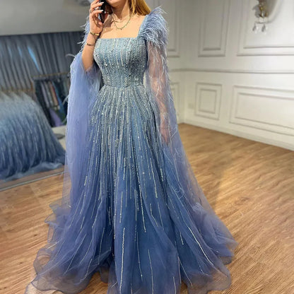 Blue Luxury Feathers Arabic Evening Dresses with Cape LA72236