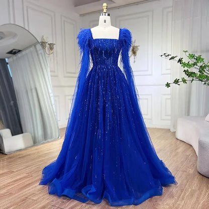 Blue Luxury Feathers Arabic Evening Dresses with Cape LA72236