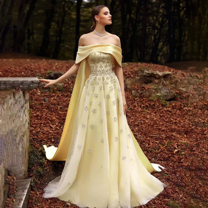 Luxury Dubai Arabic Yellow Elegant Boat Neck Long Evening Dress LA72531