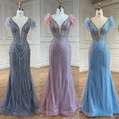 Luxury Dubai Blue Mermaid Evening Dress with Pearls and Feathers LA72578
